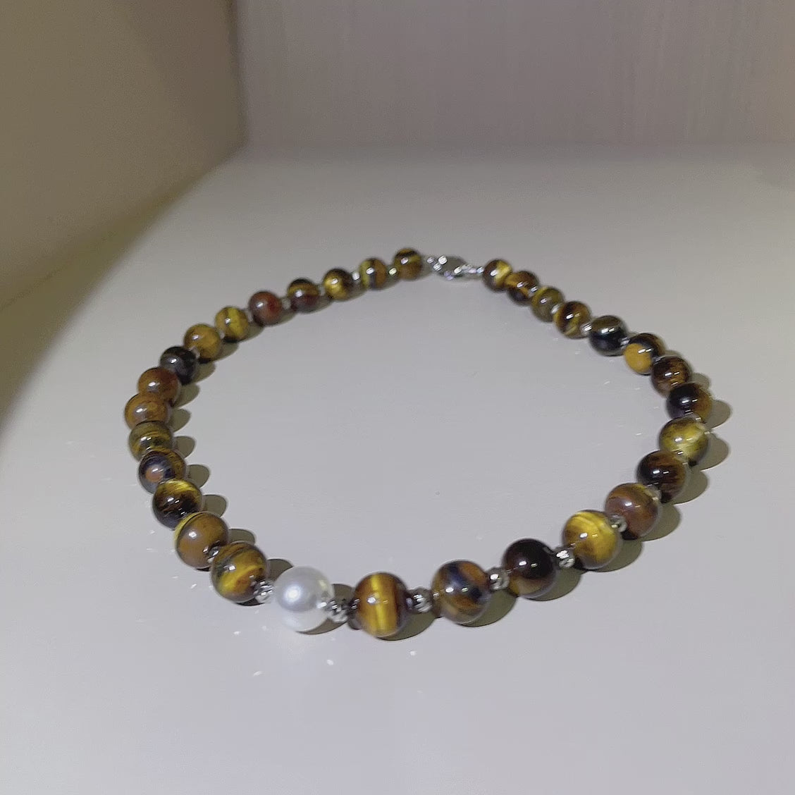 Handmade Tiger Eye Choker Necklace with Baroque Pearl Focal | Silver Spacer Natural Stone