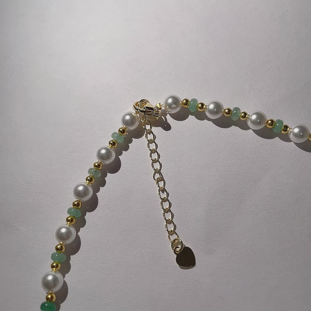 Handmade Pearl & Sage Green Seed Bead Choker Necklace | Gold Spacer Elegant Jewelry