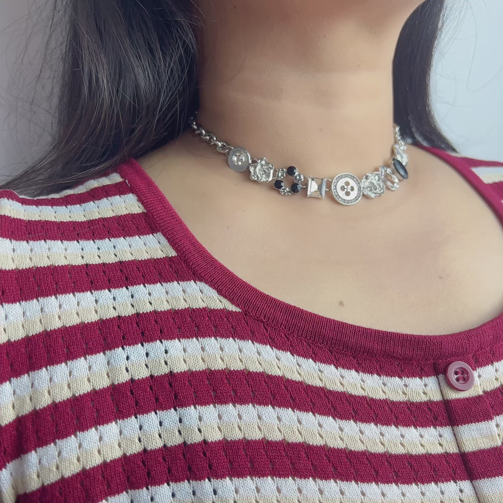 Handmade Silver Mixed Charm Choker Necklace | Y2K Punk Crystal Statement Collar