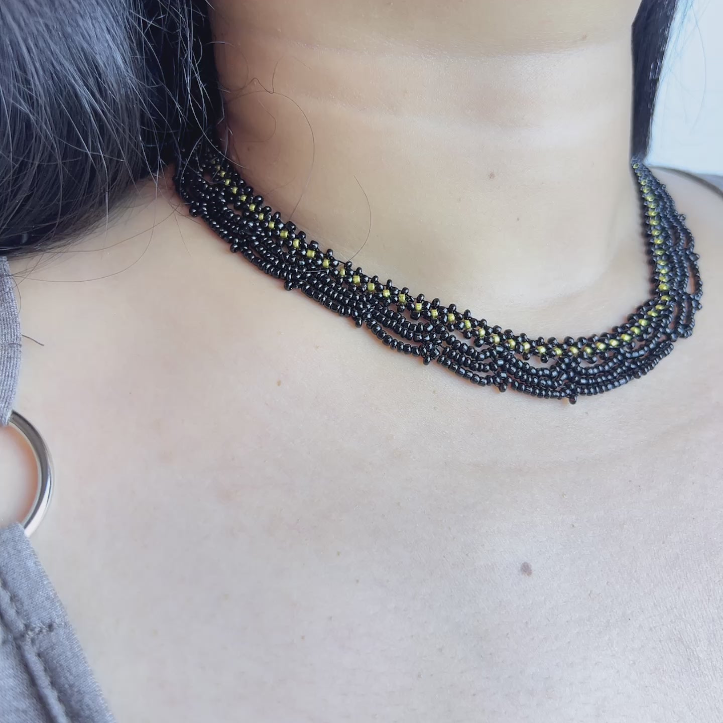 Handmade Black & Olive Green Multi-Strand Drape Wave Beaded Choker Necklace | Gothic Vintage Luxe Statement Collar