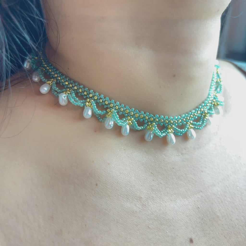 Handmade Teal & Yellow-Green Wave Lace Beaded Choker Necklace | Freshwater Pearl Drop Fringe Ocean Boho Collar