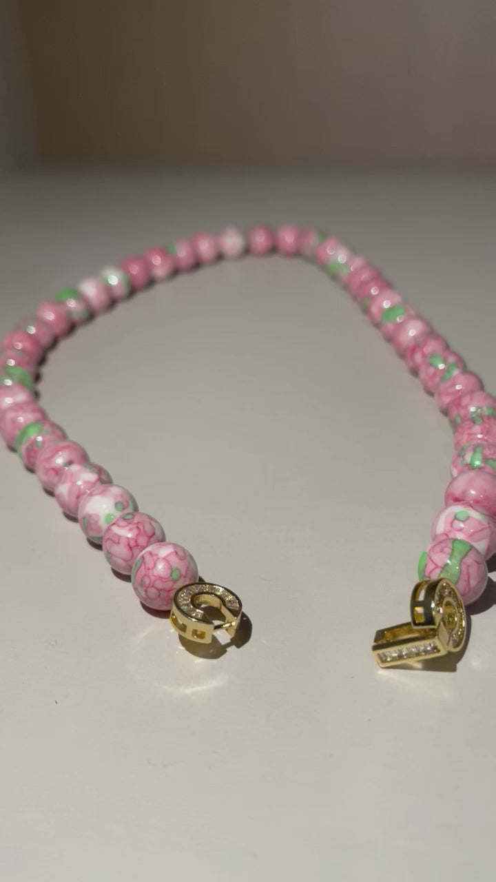 Handmade Pink Floral Ceramic Bead Choker Necklace | Cottagecore Enamel Jewelry