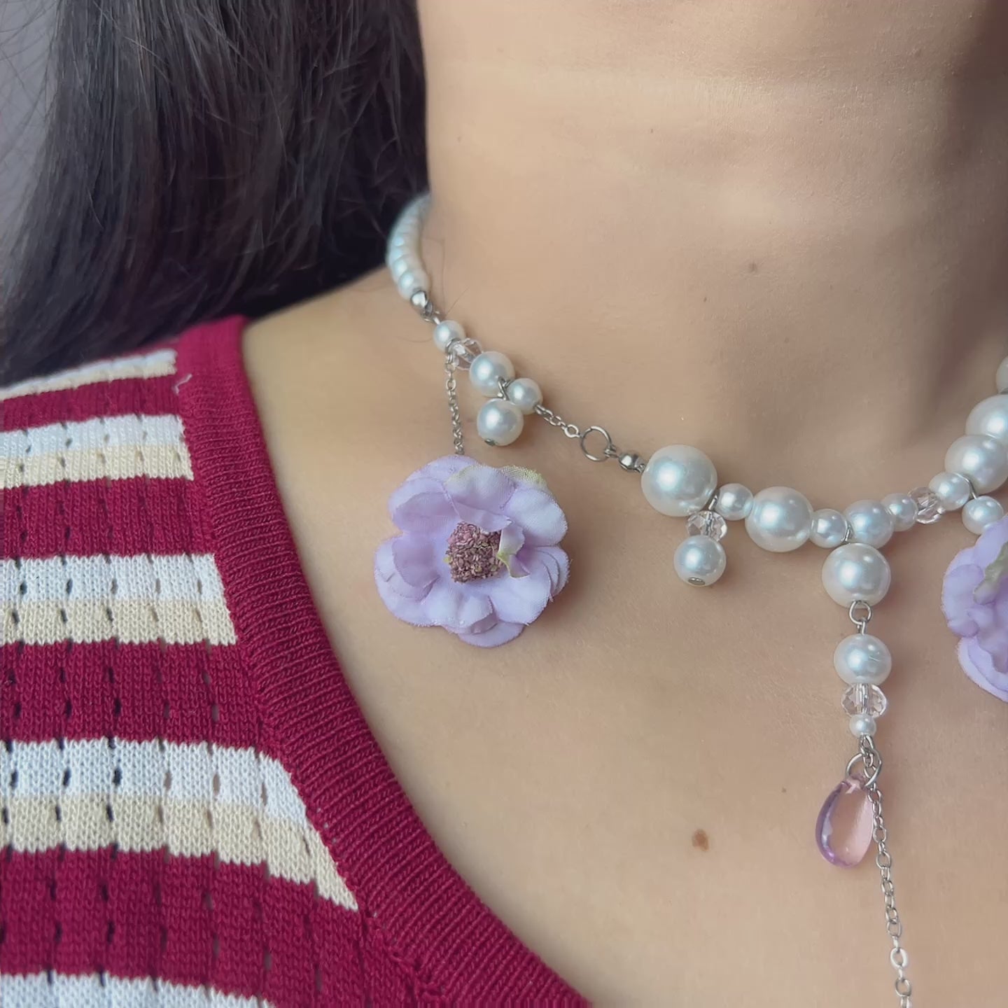 Handmade Lavender Flower Pearl Chain Necklace | Y2K Floral Drop Pendant