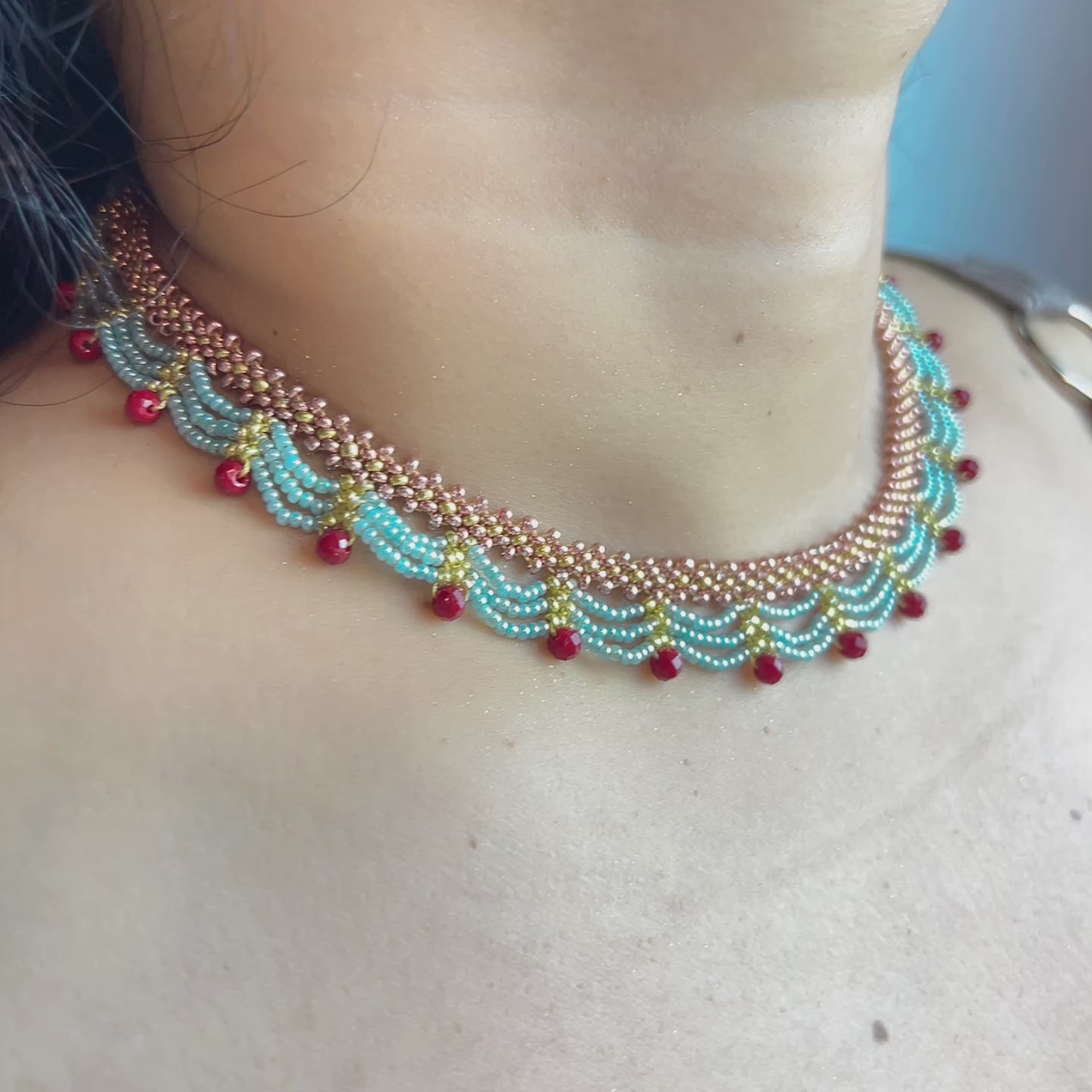 Handmade Rose Gold & Sky Blue Scallop Beaded Choker Necklace | Red Bead Drop Boho Wide Collar