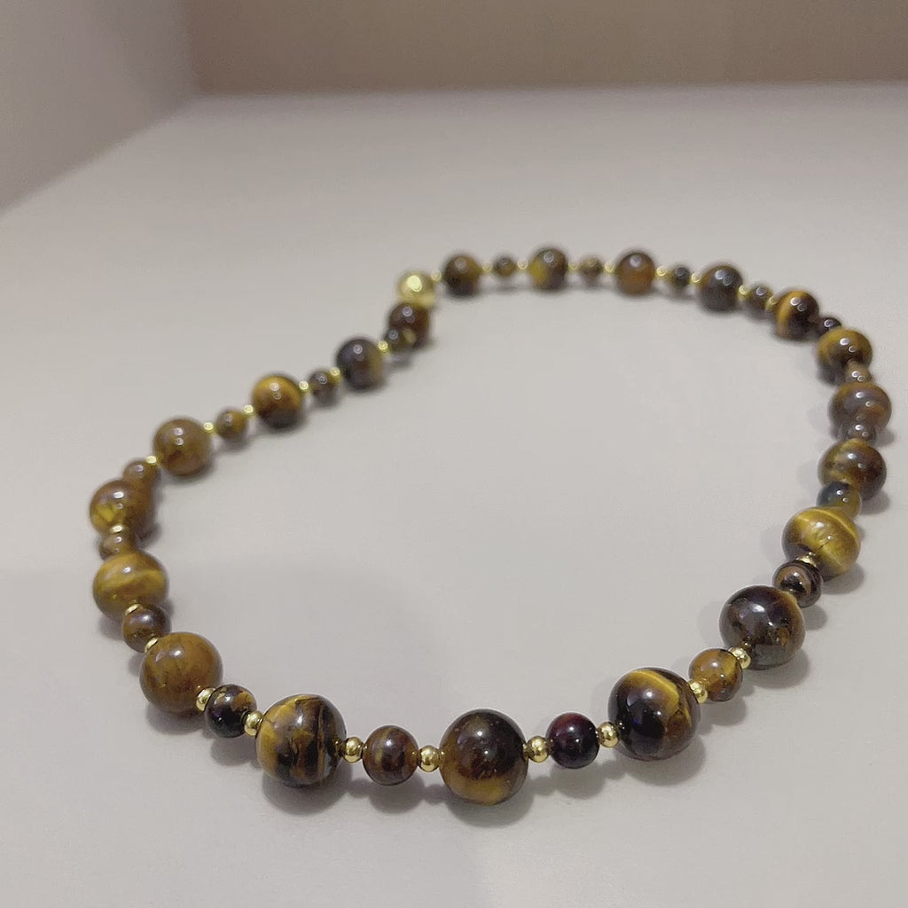 Handmade Graduated Tiger Eye Bead Choker Necklace | Natural Stone Gold Spacer