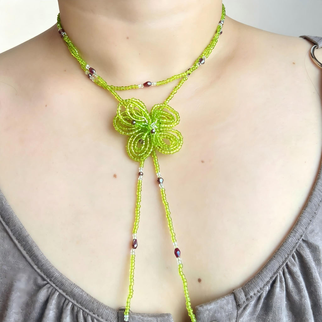 Handmade Lime Green Multi-Strand Lariat Necklace | Knotted Flower Pendant Red Crystal Boho Statement